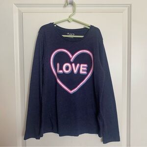Navy Blue Long Sleeve with Pink/Purple Heart and Love Graphic - Girls XL (14)